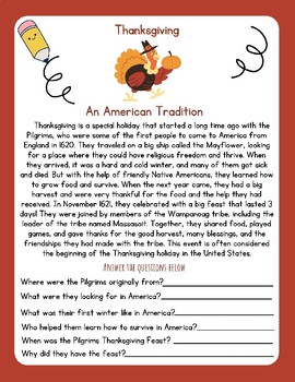 Preview of Thanksgiving An American Tradition History Reading Comprehension Q & A Worksheet