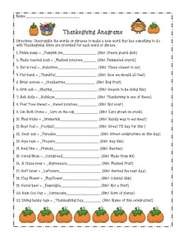 Thanksgiving Anagrams by Linda Zeiler Teachers Pay Teachers