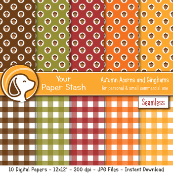 Preview of Thanksgiving Autumn Halloween Digital Scrapbook Paper Gingham and Acorn Patterns