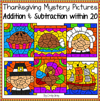 Preview of Thanksgiving BUNDLE ~ Addition and Subtraction within 20 ~ Color by Code