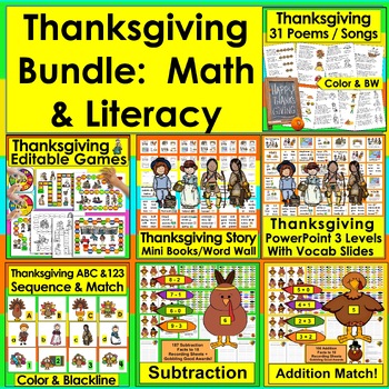 Preview of Thanksgiving BUNDLE: Mini Books, Editable Games, Songs, PPT, Add & Subtract!