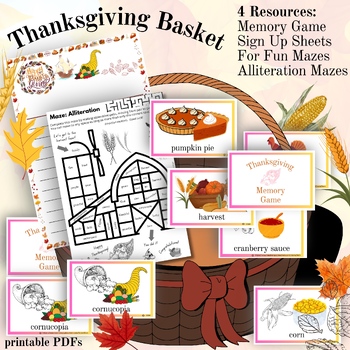 Preview of Thanksgiving Basket - Bundle of 4 Resources - Memory Game Sign Up Sheets Mazes