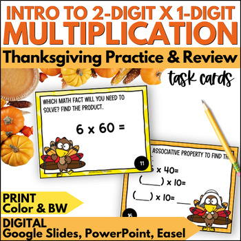 Preview of Thanksgiving Beginning 2 Digit by 1 Digit Multiplication Task Cards Activity