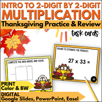 Preview of Thanksgiving Beginner 2 Digit by 2 Digit Multiplication Task Cards Math Activity