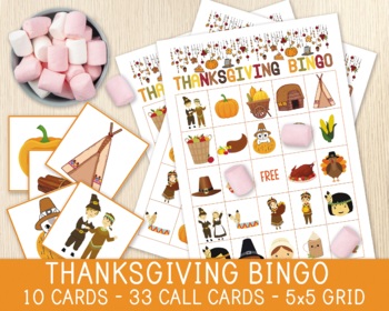 Preview of Thanksgiving Bingo, 10 Cards, 33 Call Cards, Thanksgiving Party Game, Fall