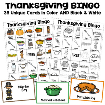 Preview of Thanksgiving Bingo - 36 Cards in Color and Black and White
