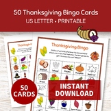 Thanksgiving Bingo Game, 50 Printable Bingo Cards, Fall Th