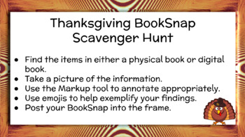Preview of Thanksgiving BookSnap Scavenger Hunt - Literacy / Library Skills - Google Slides