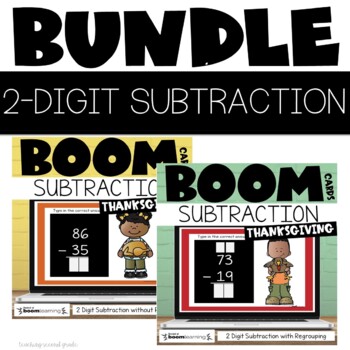 Preview of Thanksgiving Boom Cards™ 2 Digit Subtraction with and without Regrouping Bundle