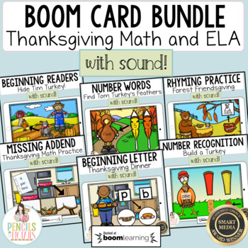 Preview of Thanksgiving ELA & Math Digital Boom™ Cards | PreK | Kindergarten | 1st Grade