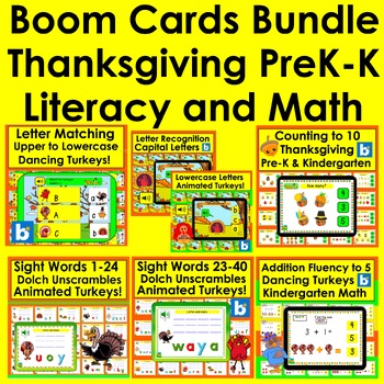 Preview of Thanksgiving Boom Cards Bundle for PreK and Kindergarten Literacy & Math