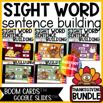Preview of Thanksgiving Boom Cards & Google Slides BUNDLE - Sight Words Sentence Building