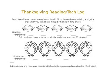 Preview of Thanksgiving Break Reading/Tech Log - editable! Spanish version attached!