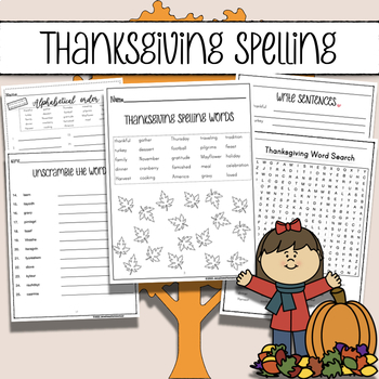 Preview of Thanksgiving Spelling Practice Sheets including Word Search & Self Grading Easel