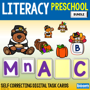 Preview of Thanksgiving Buddies Literacy Boom Cards Preschool Bundle - Bear