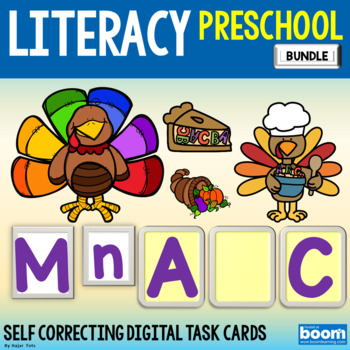 Preview of Thanksgiving Buddies Literacy Boom Cards Preschool Bundle - Turkey