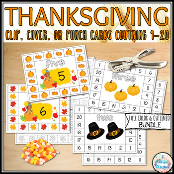 Preview of Thanksgiving Bundle Counting to 20 Clip, Cover, or Punch Task Card Activities