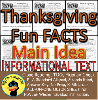 Preview of Thanksgiving CLOSE READING 5 LEVEL PASSAGES Main Idea Fluency Check TDQs & More!