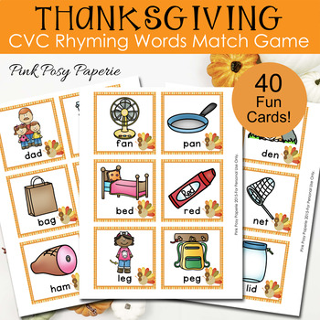 Preview of Thanksgiving CVC Rhyming Words Match Game - Rhyming Activity - Memory Game