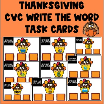 Preview of Thanksgiving See and Spell CVC Words Task Cards