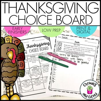 Preview of Thanksgiving Choice Board Menu for Enrichment and Early Finishers in November