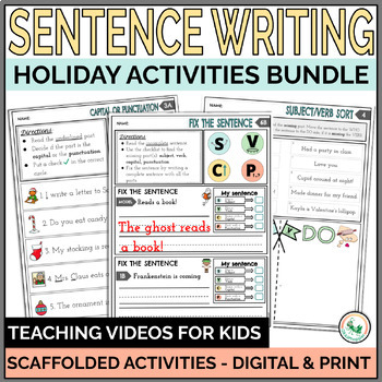 Preview of Halloween, Thanksgiving, Christmas, and more Sentence Writing Bundle