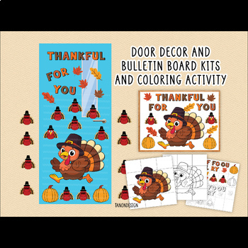 Preview of Thanksgiving Classroom Door Decor and Bulletin Board kits | Coloring activity