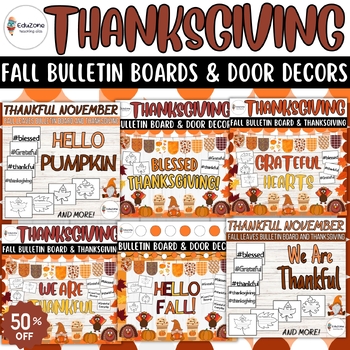 Preview of Thanksgiving Classroom Essentials: Autumn Gratitude Bulletin Boards & Door Decor