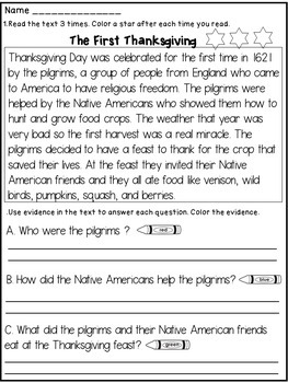 Thanksgiving Reading Comprehension Passage and Questions by Dana's