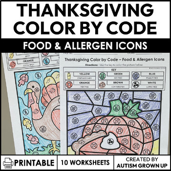 Preview of Thanksgiving Color By Code | Food & Allergen Icons | Special Education