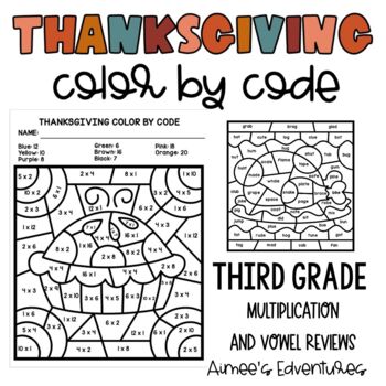 Preview of Thanksgiving Activity Theme | Color By Code | Math and Vowel Game Worksheets