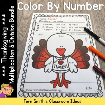 Preview of Thanksgiving Color By Number Multiplication and Division Bundle