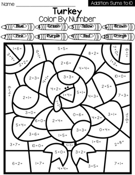 Thanksgiving Color By Number Worksheets: Addition and Subtraction Within 10