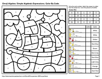 Thanksgiving Color by Code - Emoji Algebra: Simple Algebraic Expressions
