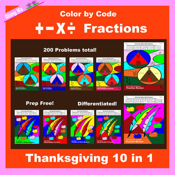 Preview of Thanksgiving Color by Code: Fractions: Add, Subtract, Multiply, Divide 10 in 1