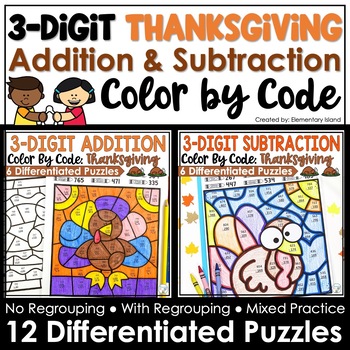 Preview of Thanksgiving Color by Number 3 Digit Addition and Subtraction