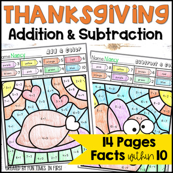 Preview of Thanksgiving Color By Number Addition & Subtraction Facts to 10 Math Worksheets
