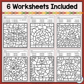 Thanksgiving Color by Number Kindergarten Math Worksheets | TPT