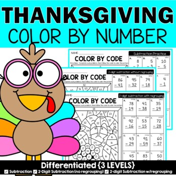 Preview of Thanksgiving Color by Number Subtraction {differentiated} Set 1 2 digit