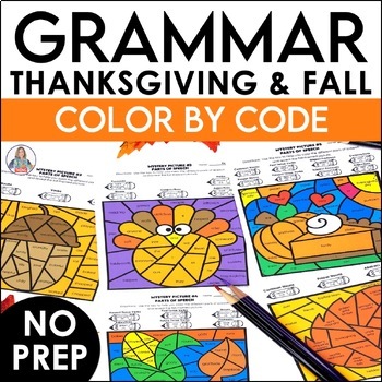 Preview of Fall Coloring Pages Parts of Speech Color By Code & Thanksgiving Color By Number
