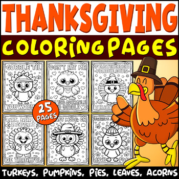 Preview of Thanksgiving Coloring Pages | Turkeys, Pumpkins, Pies, Leaves, Acorns, & More