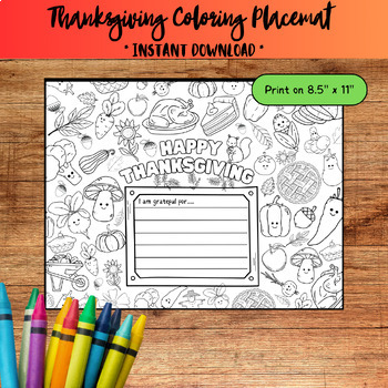 Preview of Thanksgiving Coloring Sheet or Placemat with Gratitude Section- PDF Download