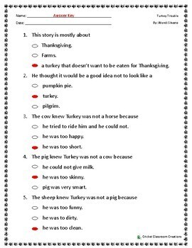 Thanksgiving Comprehension Test: Turkey Trouble- First or Second Grade