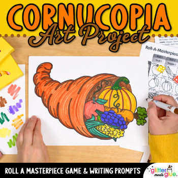 Preview of Thanksgiving Cornucopia Drawing Art Project, Template, Writing Prompts Activity
