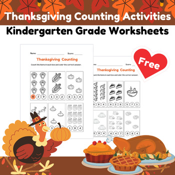 Preview of Thanksgiving Counting Activities Kindergarten Grade Worksheets l Free