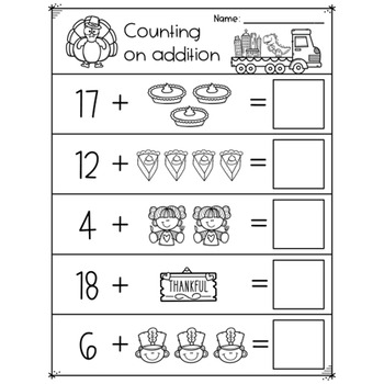 Thanksgiving Counting on Addition Worksheets - Numbers 1 to 20 by ...