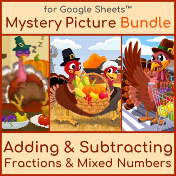 Preview of Thanksgiving Day Adding & Subtracting Fractions & Mixed Numbers Pixel Art Bundle