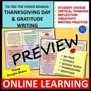 Preview of Thanksgiving Day  & Gratitude Writing Prompts Choice Board (Online Digital) 