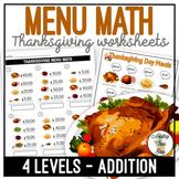 Thanksgiving Day Meal Menu Math Addition Worksheets