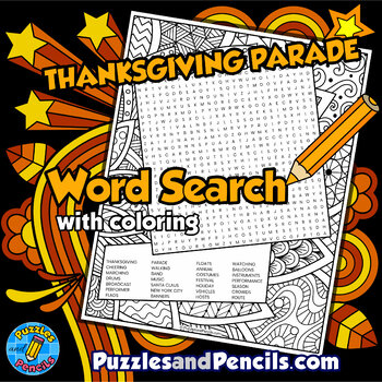 Preview of Thanksgiving Day Parade Word Search Puzzle Activity Page with Coloring